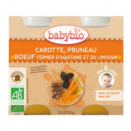 Babybio Petit pot Carotte, Pruneau, Boeuf fermier Aquitaine & Limousin 2*200g - Pharmacie Agnès Praden à Alès