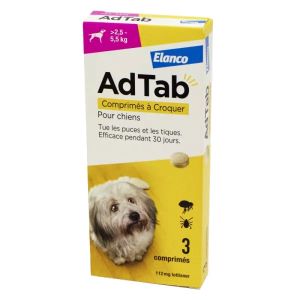 Elanco AdTab 112mg Antiparasitaire Chiens 2.5 - 5.5 kg 3 Comprimés - Pharmacie Agnès Praden à Alès