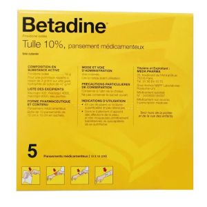 Mylan Betadine Tulle Pansement 10% Boite de 5 - Pharmacie Agnès Praden à Alès