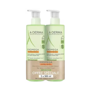 A-Derma Exomega Control Gel Lavant Émollient 2en1 Anti-Grattage Lot de 2 x 500 ml - Pharmacie Agnès Praden à Alès