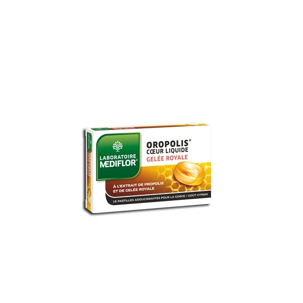Oropolis  Adoucit la Gorge Propolis & Gelée Royale Coeur liquide 16 pastilles adoucissantes sans sucres - Pharmacie Agnès Praden à Alès
