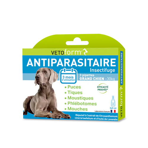 Vetoform chien 30 kg 3 pipettes 5ml - Pharmacie Agnès Praden à Alès