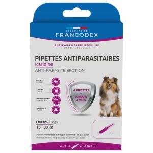 Francodex 4 Pipettes de 3ml Antiparasitaires Icaridine Pour Chiens de 15 à 30kg - Pharmacie Agnès Praden à Alès
