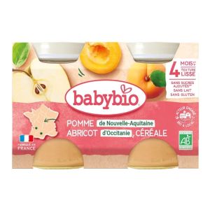 Babybio Petits Pots Fruits Pomme Aquitaine Abricot d'Occitanie Céréale - 2 x 130g - Pharmacie Agnès Praden à Alès