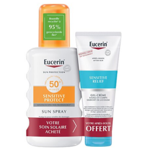  Eucerin Sun Protection Oil Control Sun Spray Transparent SPF50+ 200 ml + Sensitive Relief Gel-Crème Après-Soleil 50 ml Offert - Pharmacie Agnès Praden à Alès