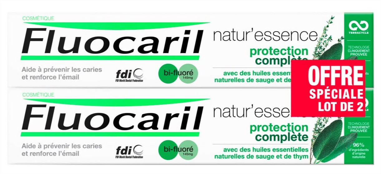 Fluocaril Natur'essence dentifrice protection complète 2 x 75 ml - Pharmacie Agnès Praden à Alès