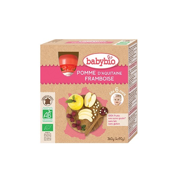 Babybio 4 gourdes pomme framboise 4x90g - Pharmacie Agnès Praden à Alès