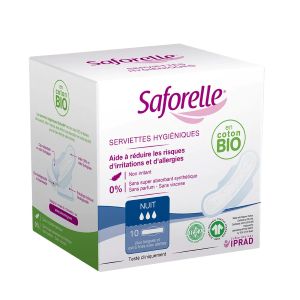 Iprad Saforelle Serviettes Hygiéniques Nuit Avec Ailettes Coton Bio x10 - Pharmacie Agnès Praden à Alès