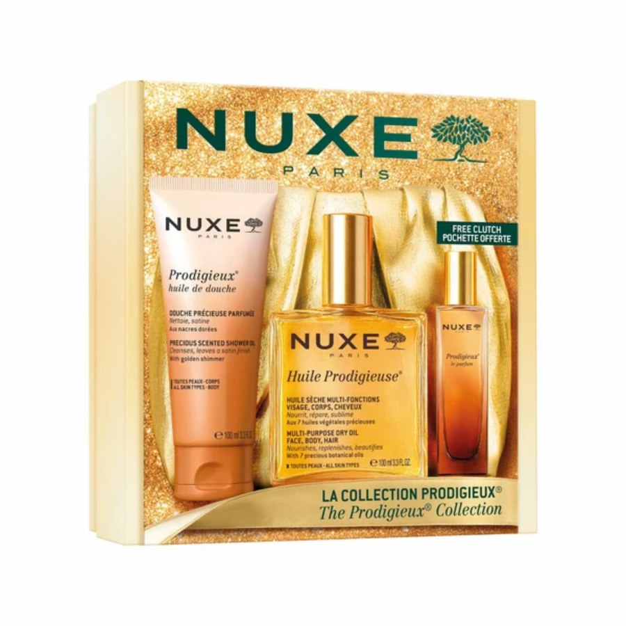 Nuxe Coffret La Collection Prodigieux Huile Prodigieuse 100ml + Prodigieux Le Parfum 15ml + Prodigieux Huile de Douche 100ml + La Pochette Dorée Offerte