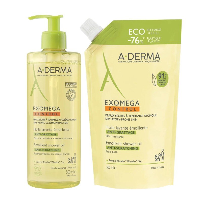 A-derma Exomega Control Huile Lavante Emolliente Anti-Grattage 500ml + Eco Recharge 500ml - Pharmacie Agnès Praden à Alès
