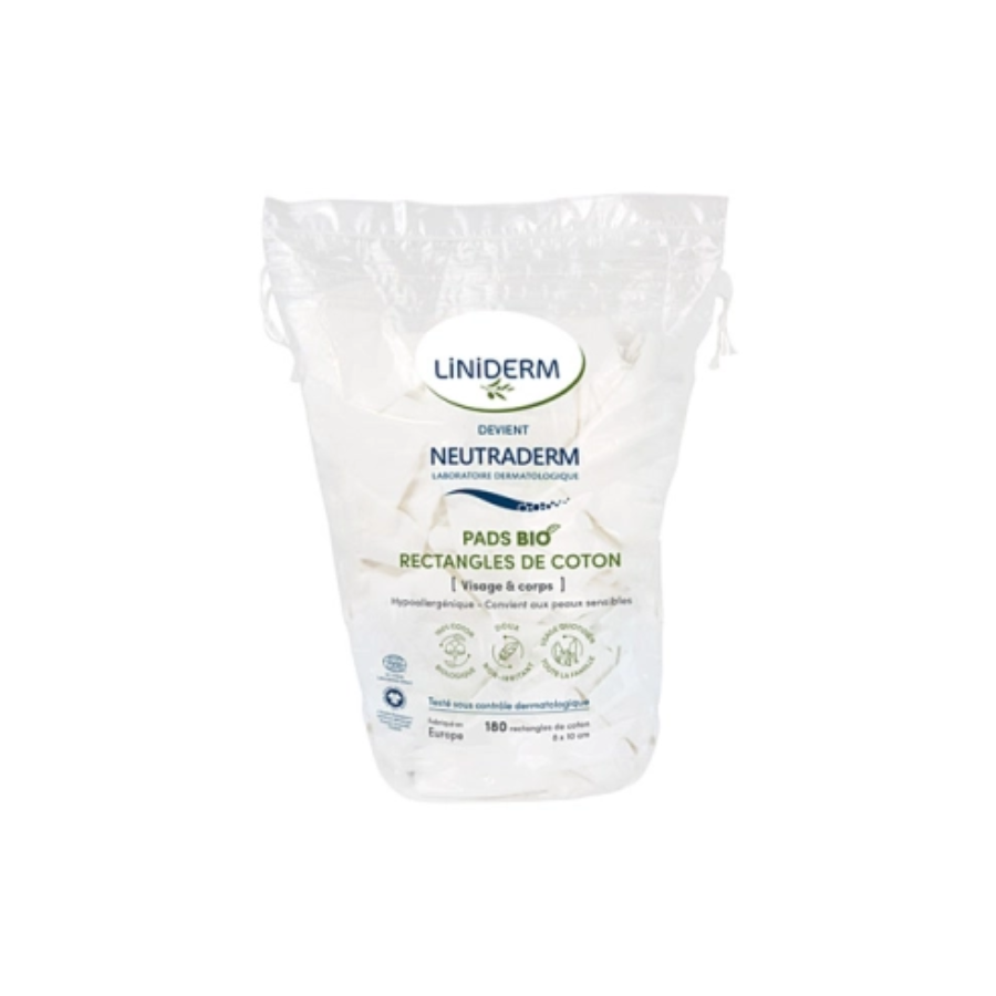 Liniderm Pads de Coton Bio Rectangle 8x10cm - 180 cotons - Pharmacie Agnès Praden à Alès