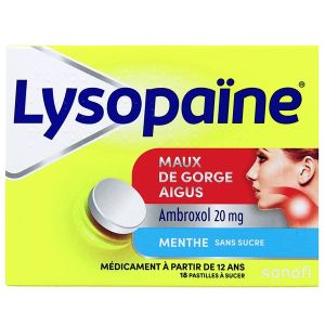 Sanofi Lysopaïne Ambroxol Menthe Sans Sucre x18 - Pharmacie Agnès Praden à Alès
