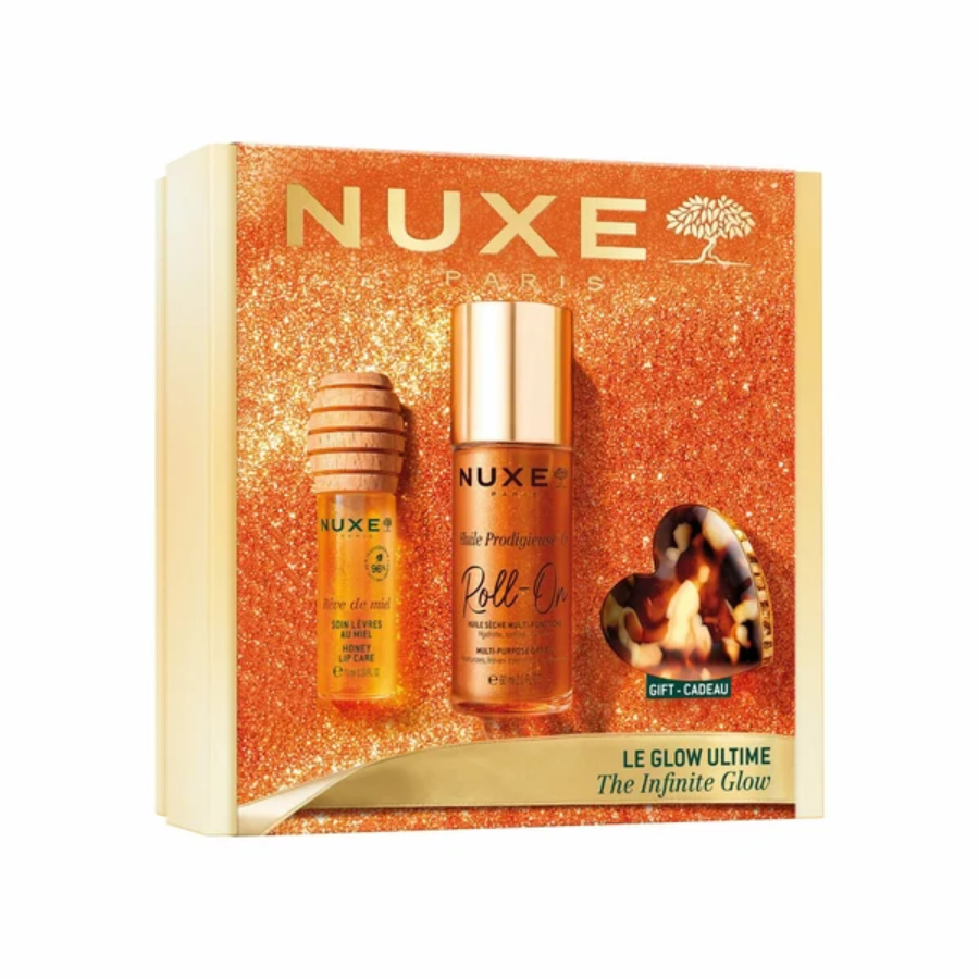 Nuxe Coffret Le Glow Ultime Huile Prodigieuse Or Roll-On 60ml + Rêve de Miel Soin Lèvres au Miel 10ml + La Pince à Cheveux Cœur Offert
