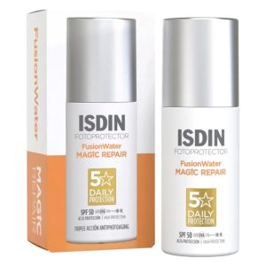 Isdin Solaires Fusion Water Magic Repair incolore SPF50 50Ml  - Pharmacie Agnès Praden à Alès