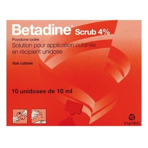 Mylan Betadine Scrub 4% Solution 10 Unidoses - Pharmacie Agnès Praden à Alès