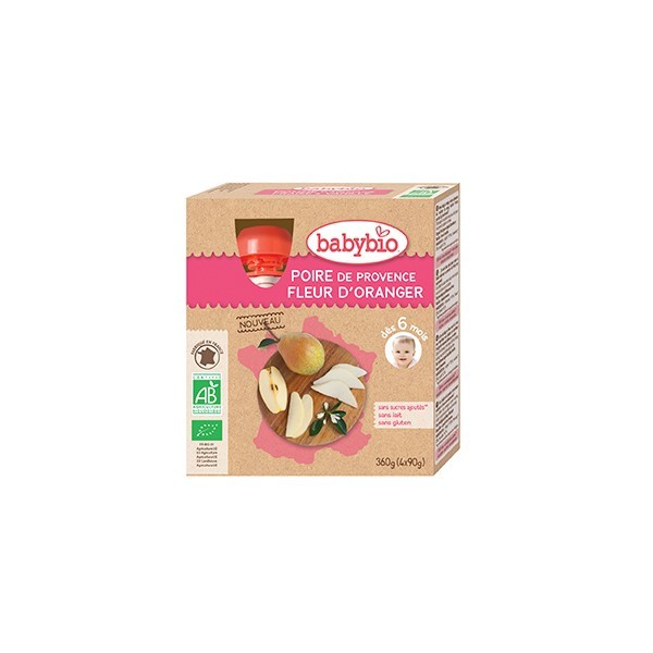 Babybio 4 gourdes poire fleur d'oranger 4x90g - Pharmacie Agnès Praden à Alès