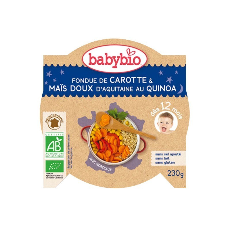 Babybio Assiette Fondue de Carotte & Maïs doux d'Aquitaine au Quinoa 230g - Pharmacie Agnès Praden à Alès
