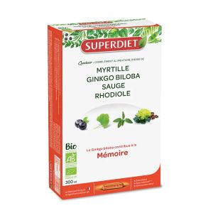Super Diet Quatuor Mémoire Myrtille, Rhodiole, Ginkgo Biloba, Sauge Bio 20 Ampoules - Pharmacie Agnès Praden à Alès