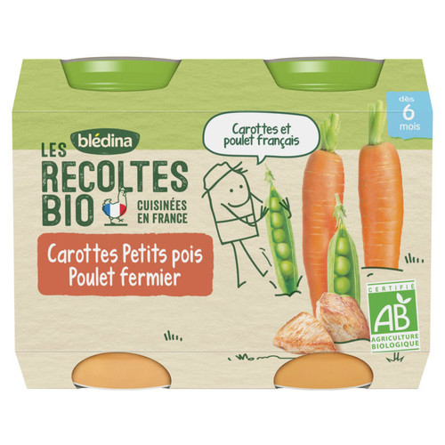 Blédina les récoltes bio pots carottes petits pois poulet 2x200g - Pharmacie Agnès Praden à Alès