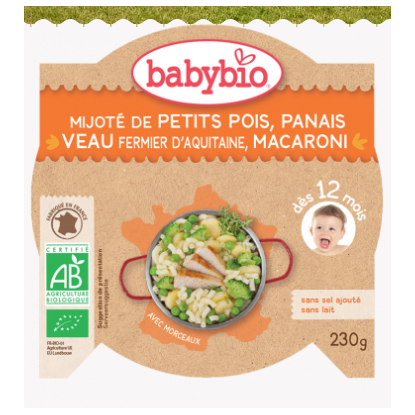Babybio Assiette Petits pois, panais veau fermier d'aquitaine, macaroni 230g - Pharmacie Agnès Praden à Alès