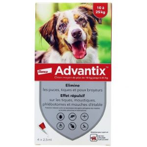 Advantix Moyen Chien 10 à 25kg 4 Pipettes 2,5 ml - Pharmacie Agnès Praden à Alès