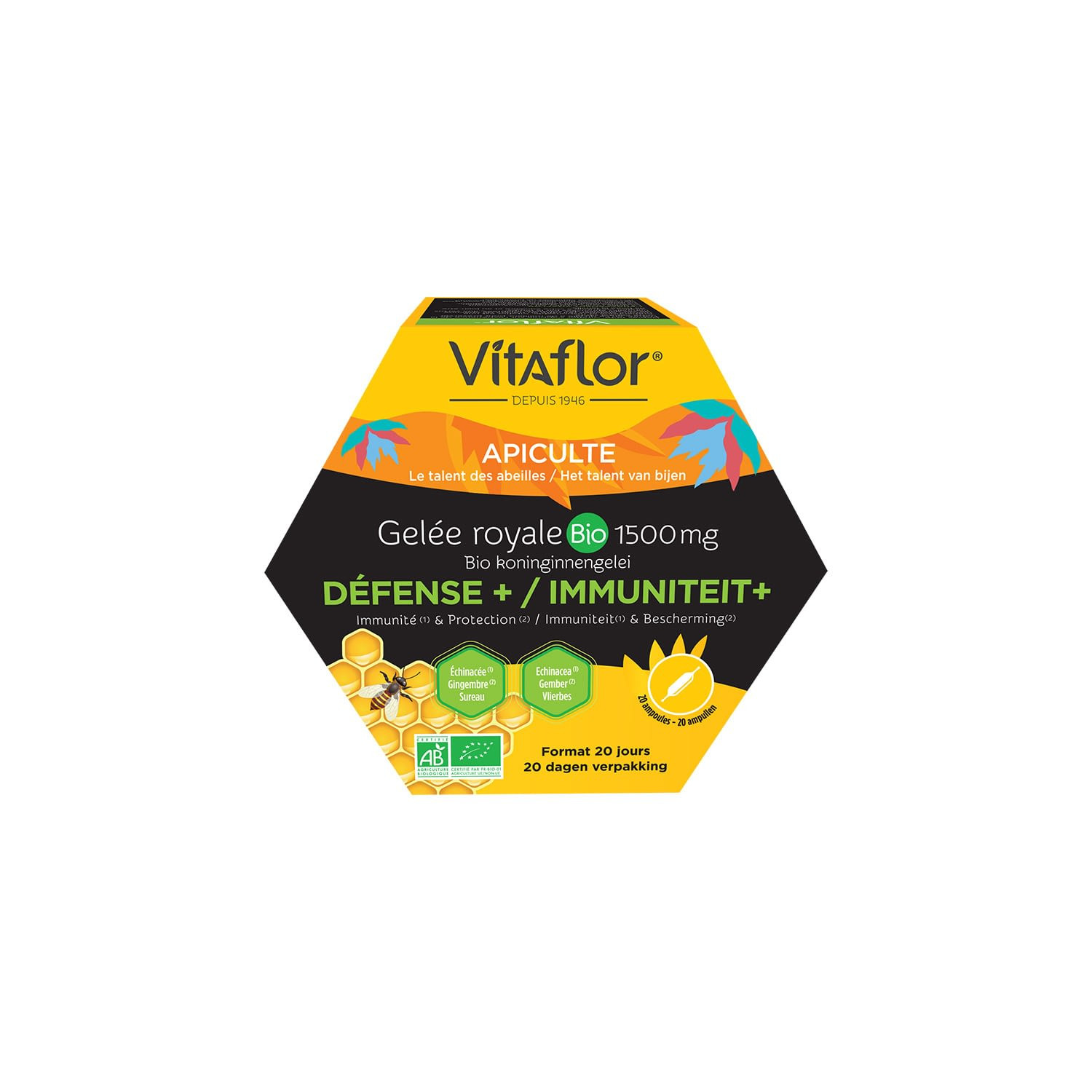 Vitaflor Gelée Royale Bio 1500 mg Défense+ 20 Ampoules - Pharmacie Agnès Praden à Alès