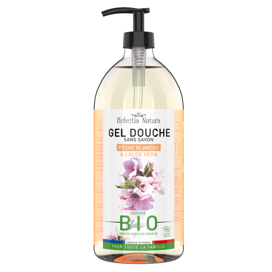 Helvetia Natura Gel Douche Pêche Blanche à Aloe Vera Bio 1L - Pharmacie Agnès Praden à Alès