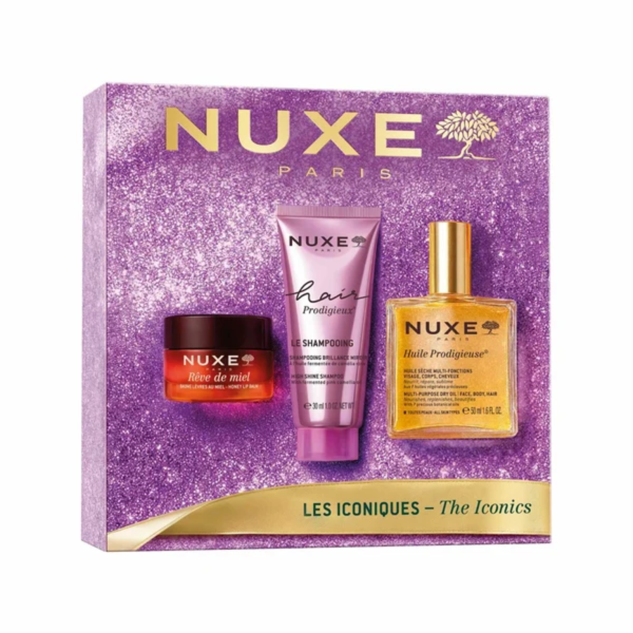Nuxe Coffret Les Iconiques Huile Prodigieuse 50ml + Rêve De Miel Baume Lèvres au Miel + Hair Prodigieux Shampooing Brillance Miroir 30ml 