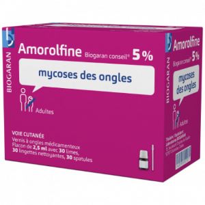 Biogaran Amorolfine 5% Vernis à Ongles Médicamenteux, Flacon 2,5 ml 30 Spatules - Pharmacie Agnès Praden à Alès