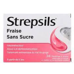 Strepsil Fraise Sans Sucre 24 Pastilles à Sucer - Pharmacie Agnès Praden à Alès