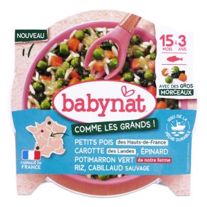 Babybio Babynat Petits Pois Carotte Épinard Potimarron Vert Riz & Cabillaud Sauvage De 15 Mois à 3 Ans 200 g - Pharmacie Agnès Praden à Alès