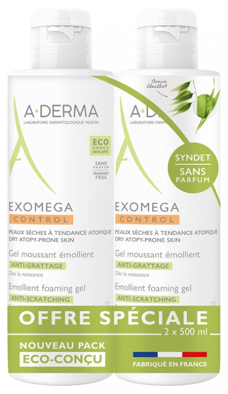 A-derma Exomega Control Gel moussant émollient 2x500ml - Pharmacie Agnès Praden à Alès