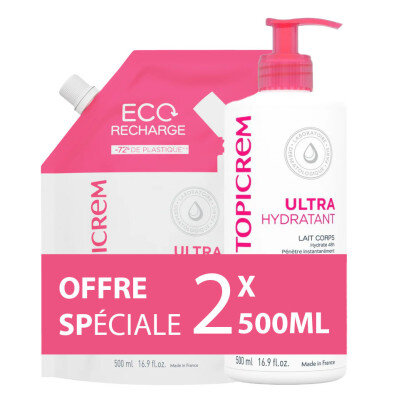 Topicrem Ultra-Hydratant Lait Corps 500ml + Éco-Recharge 500ml - Pharmacie Agnès Praden à Alès