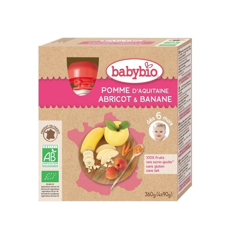 Babybio Gourdes Pomme, Abricot & Banane 90g x4 - Pharmacie Agnès Praden à Alès