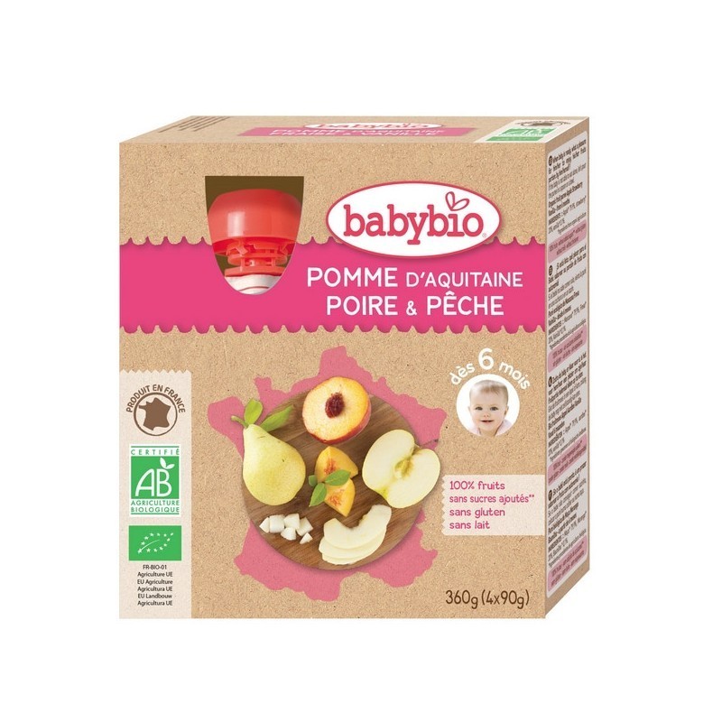 Babybio Gourdes Pomme, Poire & Pêche 90g x4 - Pharmacie Agnès Praden à Alès