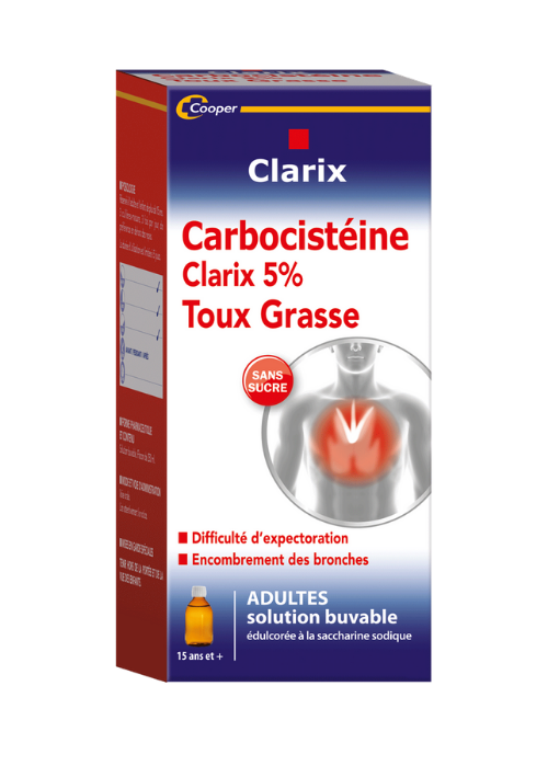 Clarix Carbocisteine 5% toux grasse adulte solution buvable 250ml - Pharmacie Agnès Praden à Alès