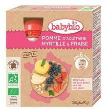 Babybio Gourdes Pomme d'Aquitaine, Myrtille &Fraise 4X90g - Pharmacie Agnès Praden à Alès