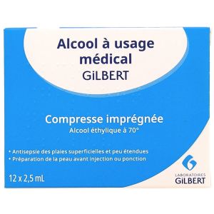 Gilbert  Alcool 2,5 ml 12 Compresses Imprégnées - Pharmacie Agnès Praden à Alès
