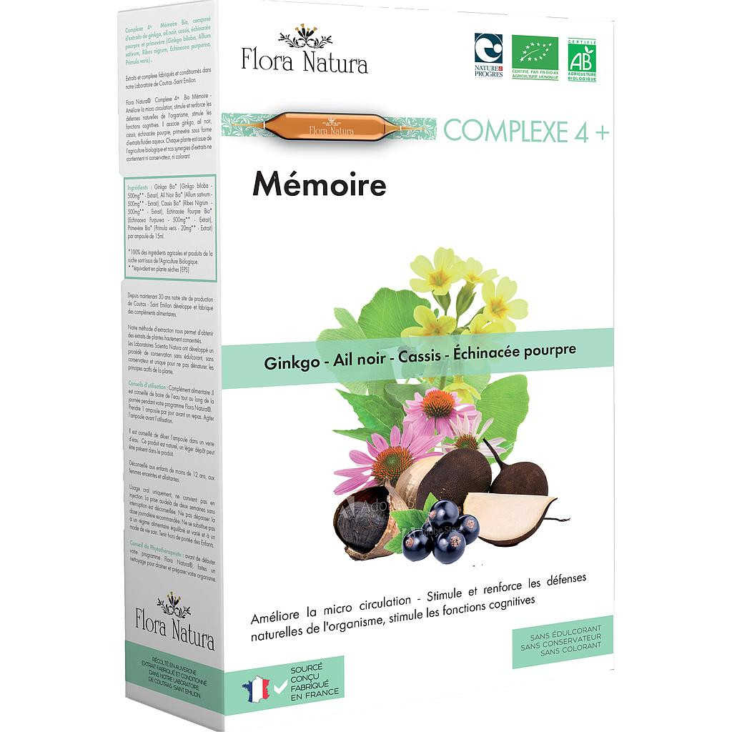 Flora Natura® Complexe 4+ Mémoire Sénior Bio 20 ampoules - Pharmacie Agnès Praden à Alès