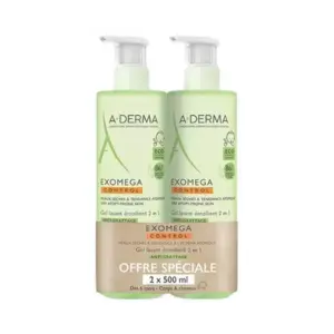 A-Derma Exomega Control Gel Lavant Émollient 2en1 Anti-Grattage Lot de 2 x 500 ml
