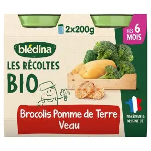 Bledina Les Récoltes Bio Petit Pot Brocolis Pommes de Terre et Veau Bio Dès 6 Mois 2x200 g