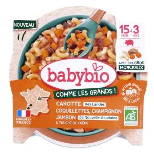 Babybio Menus Carottes Des Landes, Coquillettes, Champignon Et Jambon Avec De Gros Morceaux 200g - Pharmacie Agnès Praden à Alès