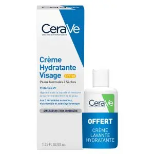 Cerave Crème Hydratante Visage SPF30 52ml + Crème Lavante 20ml Peaux Normales à Sèches - Pharmacie Agnès Praden à Alès