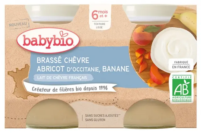 Babybio Brassé Chèvre Abricot Banane 6 Mois et + Bio 2 Pots de 130 g