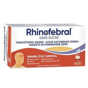 Johnson & Johnson Rhinofebral Sans Sucre Rhume Etat Grippal 8 Sachets - Pharmacie Agnès Praden à Alès