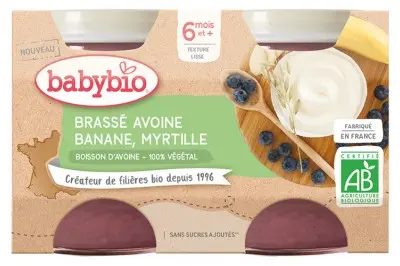 Babybio Brassé Végétal Avoine Banane Myrtille 6 Mois et + Bio 2 Pots de 130 g