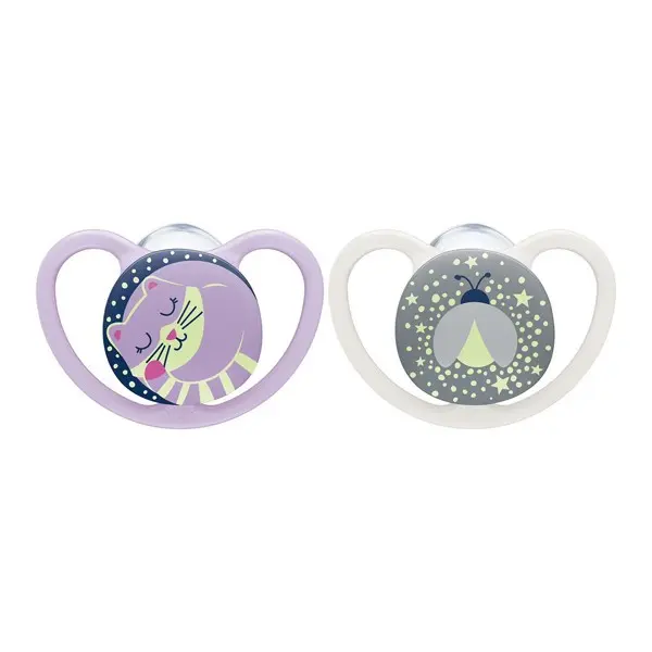NUK Space Night 2 Sucettes Silicone 6-18 Mois  Violette/Gris