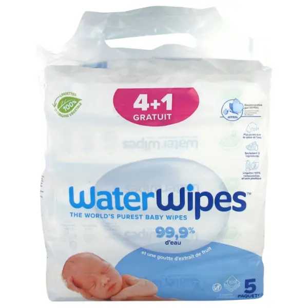 Waterwipes 60 lingettes biodégradables 4 paquets + 1 offert