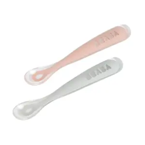 Beaba Lot de 2 cuillères 1er âge en silicone avec boite de transport Old pink