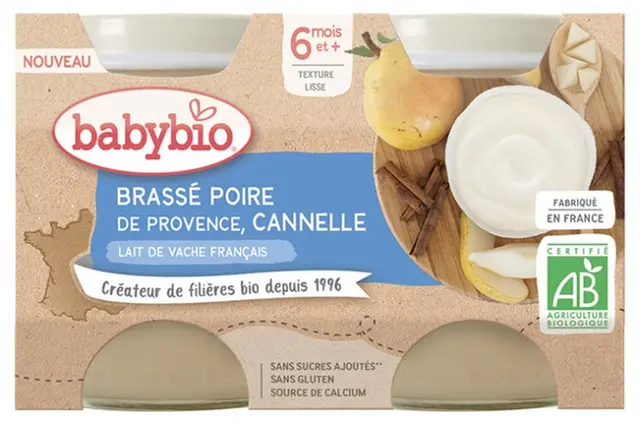 Babybio Brassé Poire Cannelle 6 Mois et + Bio 2 Pots de 130 g